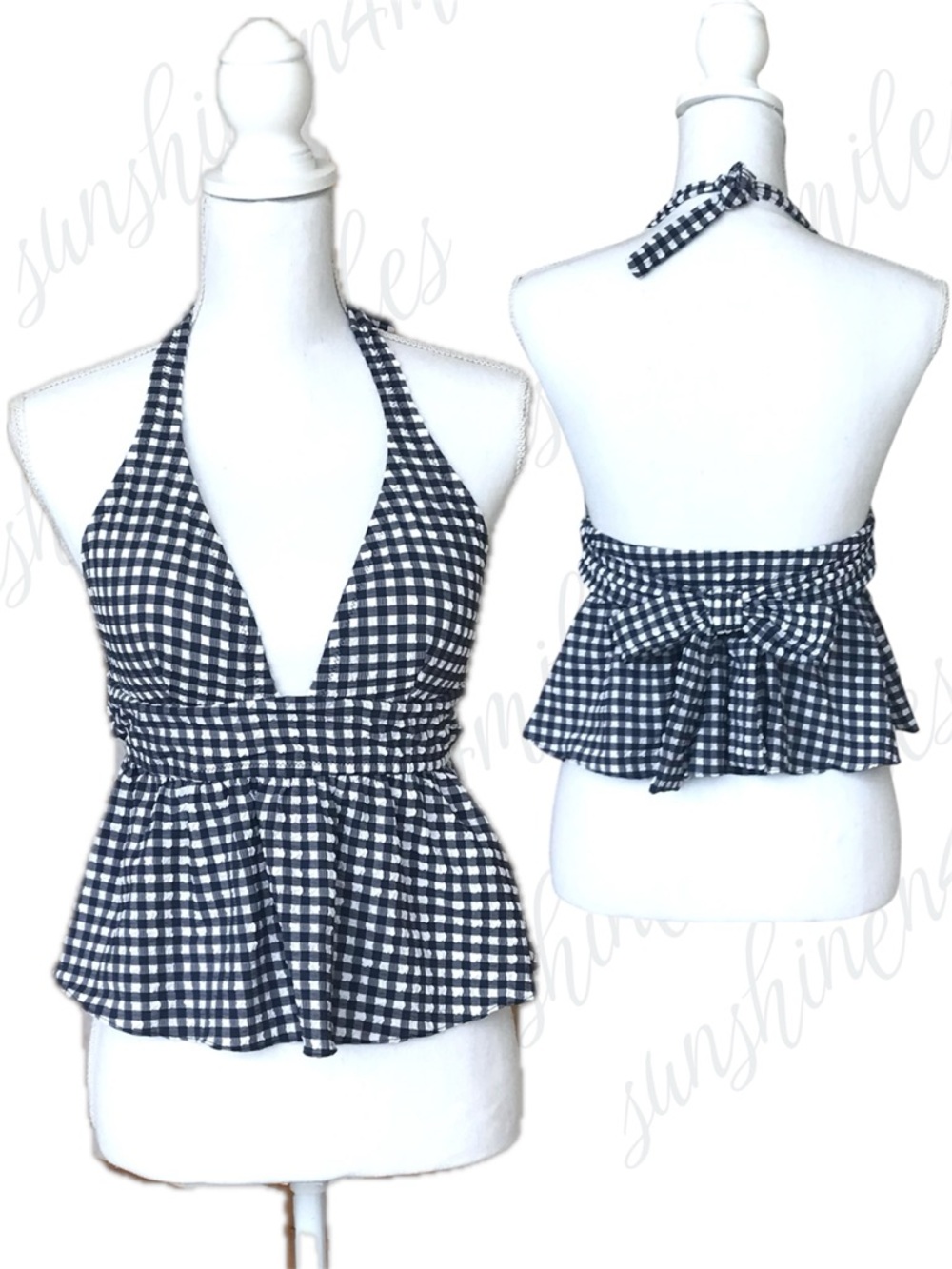 J. Crew JCREW Navy/White Seersucker Gingham Halter Peplum Tankini Top size Small